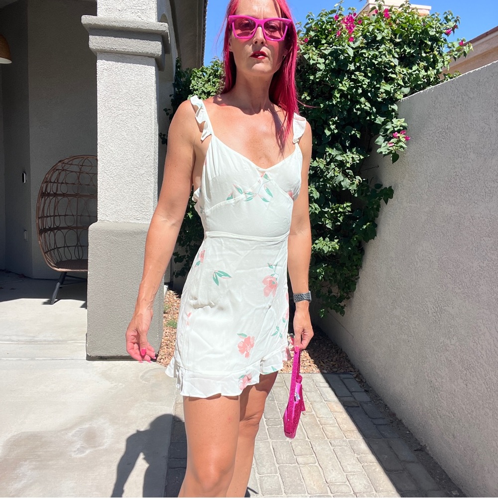 REFORMATION white floral ruffle mini dress